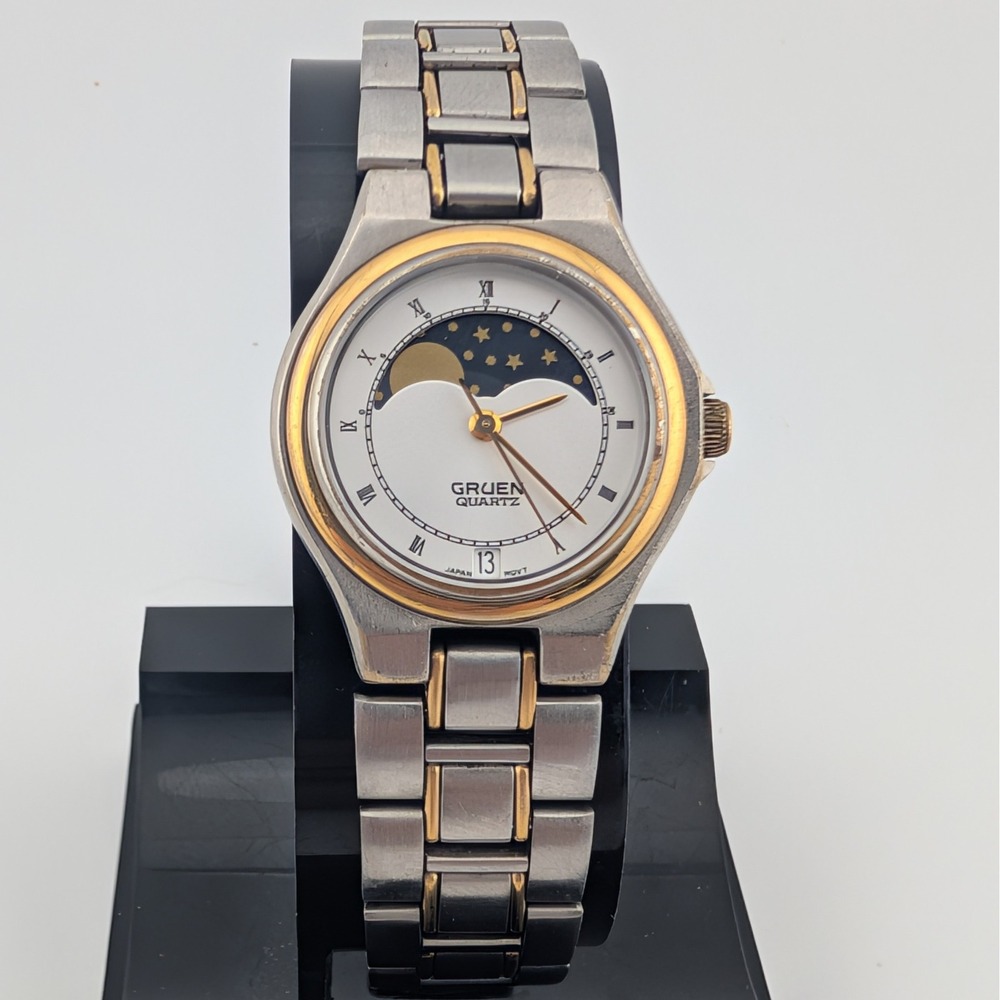 Gruen Moon Phase Quartz Watch Two Tone Gold Silver 6M31 Date Women's 24mm